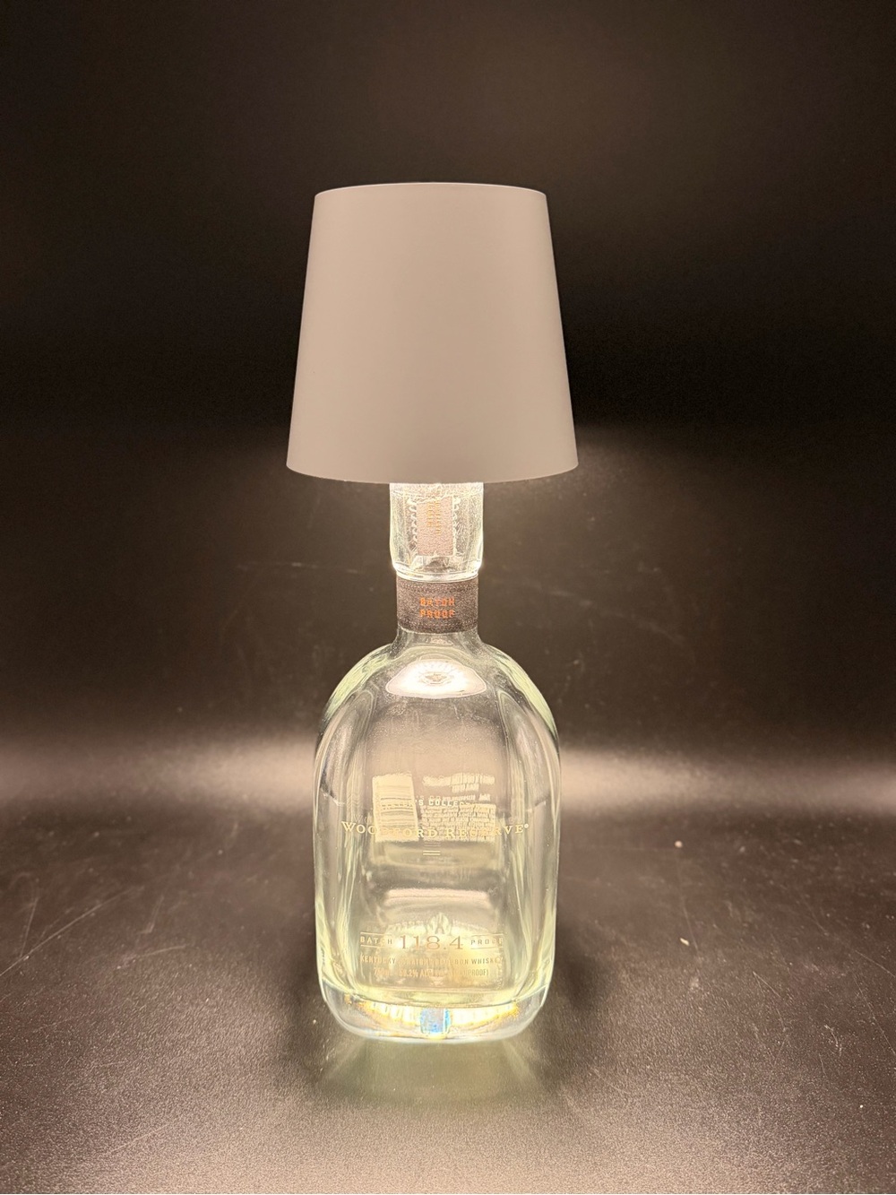 Repurposed woodford masters bottle with rechargeable usb lamp top
